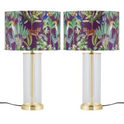 First Choice Lighting Set of 2 Aura - Satin Brass Lamps with Safari Velvet Shades in Gold