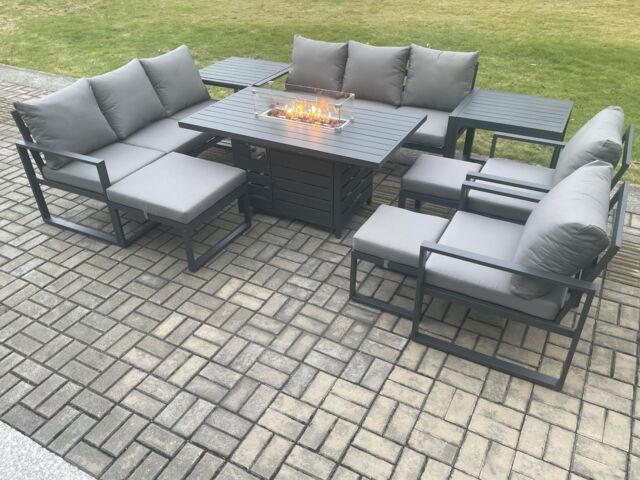 Fimous Aluminium Garden Furniture Outdoor Set Patio Lounge Sofa Gas Fire Pit Dining Table Set with 3 Footstools 2 Side Tables Dark Grey - image 1