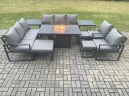 Fimous Aluminium Garden Furniture Outdoor Set Patio Lounge Sofa Gas Fire Pit Dining Table Set with 3 Footstools 2 Side Tables Dark Grey - thumbnail 2