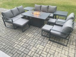 Fimous Aluminium Garden Furniture Outdoor Set Patio Lounge Sofa Gas Fire Pit Dining Table Set with 3 Footstools 2 Side Tables Dark Grey - thumbnail 1