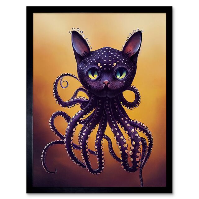 "Artery8 Wall Art Print Octopussy Surreal Cat Octopus Hybrid Purple Art Framed in Black - Size: W12"" x H16""" - image 1