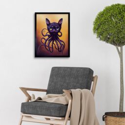 "Artery8 Wall Art Print Octopussy Surreal Cat Octopus Hybrid Purple Art Framed in Black - Size: W12"" x H16""" - thumbnail 2