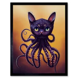 "Artery8 Wall Art Print Octopussy Surreal Cat Octopus Hybrid Purple Art Framed in Black - Size: W12"" x H16""" - thumbnail 1