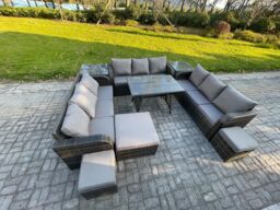 Fimous Rattan Garden Furniture Set 12 Seater Patio Outdoor Lounge Sofa Set with 2 Side Tables Rectangular Dining Table 3 Footstools in Dark Grey - thumbnail 1