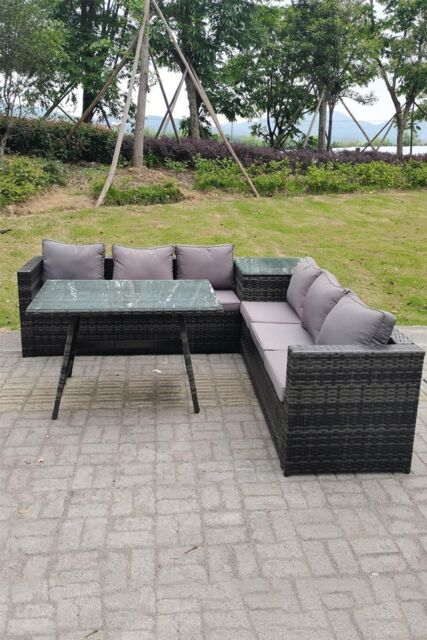 Fimous 6 Seater Grey Rattan Sofa Dining Set 2 Tables Garden Furniture Outdoor in Dark Grey - image 1