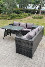 Fimous 6 Seater Grey Rattan Sofa Dining Set 2 Tables Garden Furniture Outdoor in Dark Grey - thumbnail 3