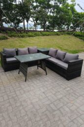 Fimous 6 Seater Grey Rattan Sofa Dining Set 2 Tables Garden Furniture Outdoor in Dark Grey - thumbnail 2