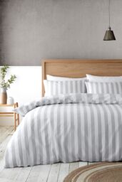 Catherine Lansfield 'Cove Stripe' Reversible Duvet Cover Set in Silver - Size: Single - thumbnail 2