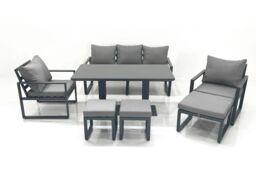 Fimous 8 Seater Aluminium Outdoor Garden Furniture Set with Adjustable Rising Lifting Dining Table 3 Seater Sofa 2 Chair 3 Footstool Dark Grey - thumbnail 2