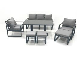 Fimous 8 Seater Aluminium Outdoor Garden Furniture Set with Adjustable Rising Lifting Dining Table 3 Seater Sofa 2 Chair 3 Footstool Dark Grey - thumbnail 1