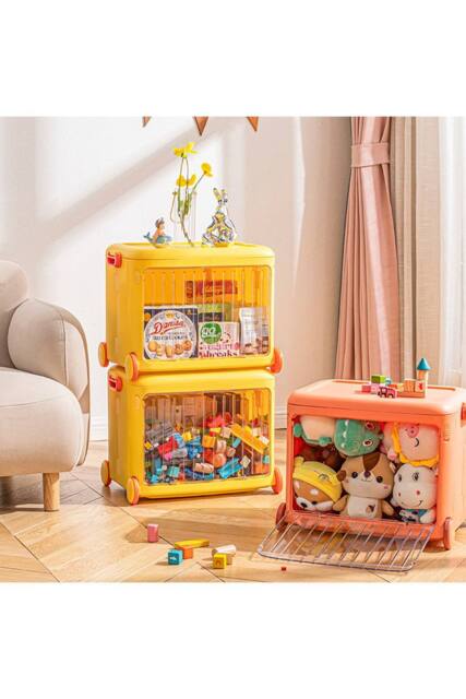 Living and Home Foldable Kids Toy Storage Box Trolley With Lid and Wheels in Yellow - image 1