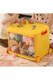 Living and Home Foldable Kids Toy Storage Box Trolley With Lid and Wheels in Yellow - thumbnail 5