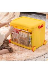 Living and Home Foldable Kids Toy Storage Box Trolley With Lid and Wheels in Yellow - thumbnail 9