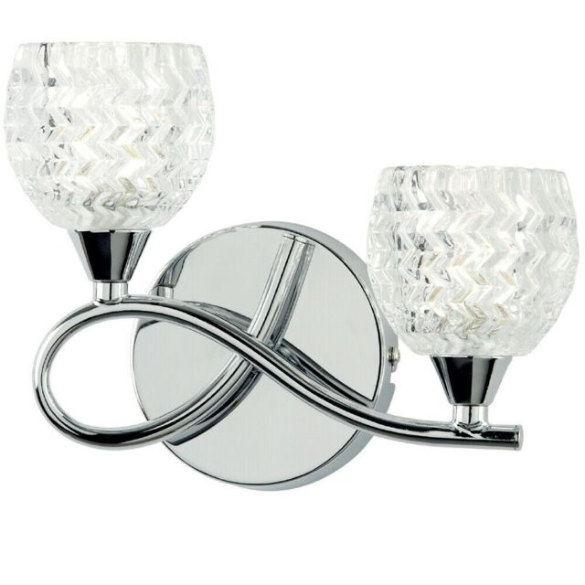Loops LED Twin Wall Light Twisted Chrome Arm Glass Pattern Shade Dimming Lamp Lighting in Clear - image 1