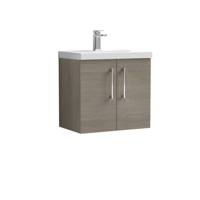Balterley Contemporary Bathroom Wall Hung 2 Soft-Close Door Vanity Unit & Mid-Edge Ceramic Basin, Solace Oak, 600 mm in Brown - image 1