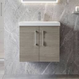 Balterley Contemporary Bathroom Wall Hung 2 Soft-Close Door Vanity Unit & Mid-Edge Ceramic Basin, Solace Oak, 600 mm in Brown - thumbnail 9