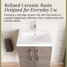 Balterley Contemporary Bathroom Wall Hung 2 Soft-Close Door Vanity Unit & Mid-Edge Ceramic Basin, Solace Oak, 600 mm in Brown - thumbnail 7