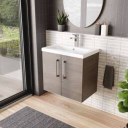 Balterley Contemporary Bathroom Wall Hung 2 Soft-Close Door Vanity Unit & Mid-Edge Ceramic Basin, Solace Oak, 600 mm in Brown - thumbnail 4