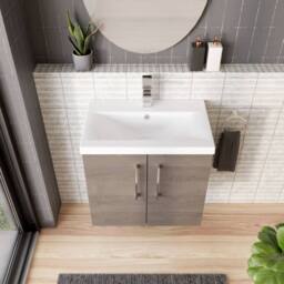 Balterley Contemporary Bathroom Wall Hung 2 Soft-Close Door Vanity Unit & Mid-Edge Ceramic Basin, Solace Oak, 600 mm in Brown - thumbnail 3