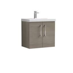 Balterley Contemporary Bathroom Wall Hung 2 Soft-Close Door Vanity Unit & Mid-Edge Ceramic Basin, Solace Oak, 600 mm in Brown