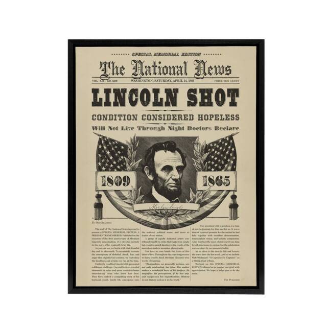 "Artery8 Abraham Lincoln Shot Newspaper Front Page Framed Canvas Wall Art Print in Beige - Size: W12"" x H16""" - image 1