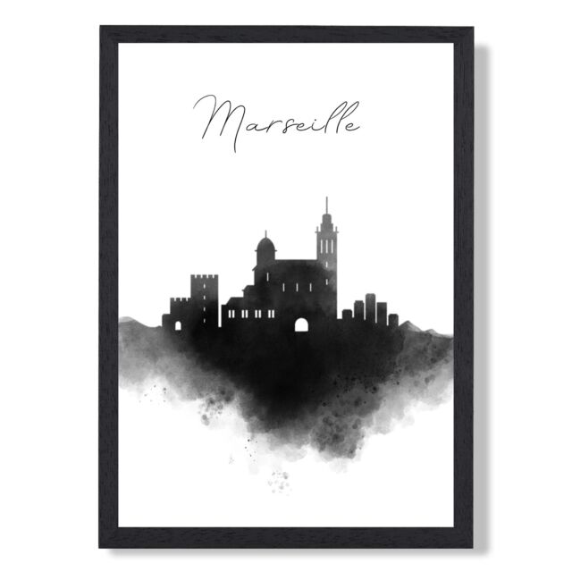 ARTZE Marseille Watercolour Skyline City Framed Print SIZE: A3 with Black Frame - Size: A4 - image 1