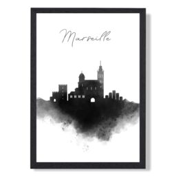 ARTZE Marseille Watercolour Skyline City Framed Print SIZE: A3 with Black Frame - Size: A4 - thumbnail 1
