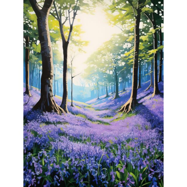 "Artery8 Wall Art Print Bluebell Forest Sunshine Vibrant Artwork Purple Blue Flowers Early Morning Serene Landscape Poster - Size: W24"" x H32""" - image 1