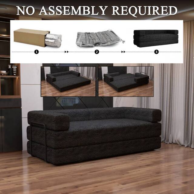 Sliding Wardrobes 4U Convertible Sofa Bed 3 Seater Sherpa Fabric Sofa in a Box in Black - image 1
