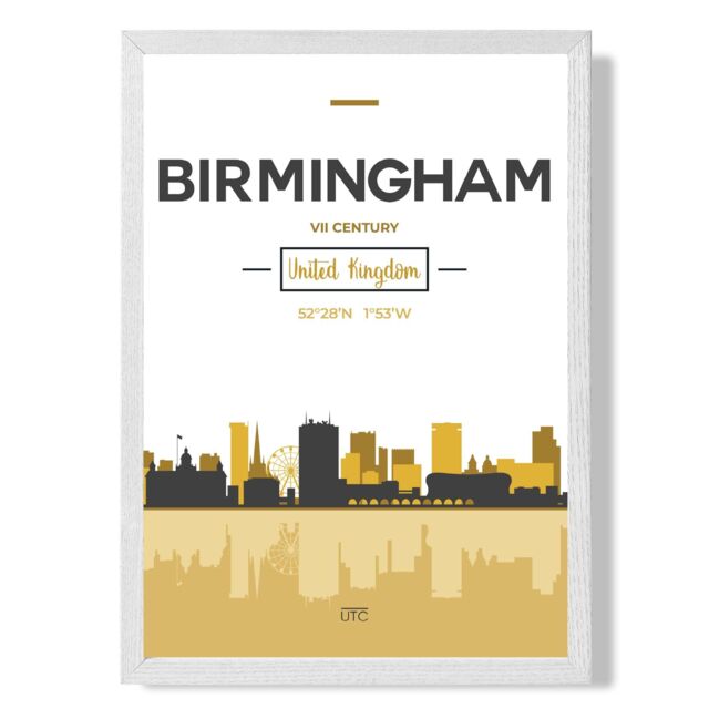 ARTZE Birmingham Yellow & Black City Skyline Framed Print SIZE: A2 with White Frame - Size: A4 - image 1