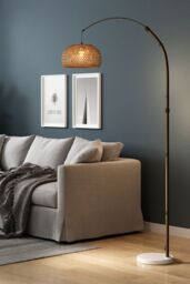 Living and Home Vintage Style Floor Lamp with Bamboo Lampshade and Marble Base - thumbnail 3