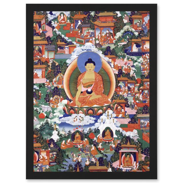 Artery8 Shakyamuni Buddha Avadana Legend Painting Royal Buddhism Artwork Framed Wall Art Print A4 in Black - image 1