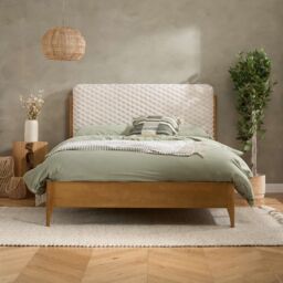 Birlea Hatti White Faux Fur & Natural Wooden Bed Frame King size in Off-White