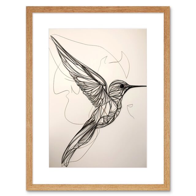 "Artery8 Wall Art Print Humming Bird in Flight Line Drawing Portrait Artwork Framed 9X7 Inch in Beige - Size: W7"" x H9""" - image 1