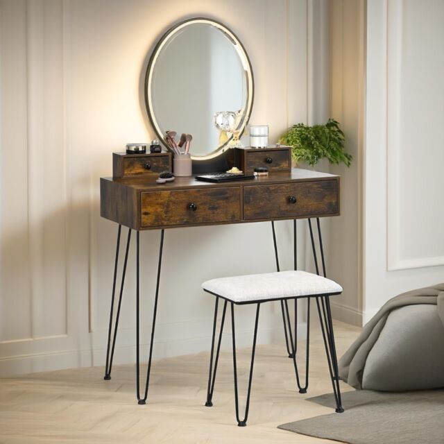 Industrial Dressing Table With Mirror And Stool Rustic Brown