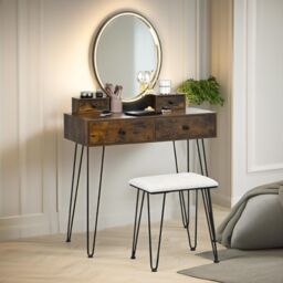Industrial Dressing Table With Mirror And Stool Rustic Brown - thumbnail 1