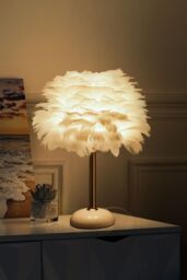 Living and Home Ceramic Feather Design Table Lamp with LED Light in White