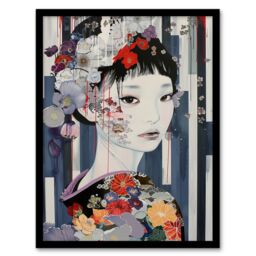 "Artery8 Modern Japanese Woman Portrait in Delicate Floral Framed Art Print in Grey - Size: W12"" x H16""" - thumbnail 1