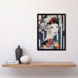 "Artery8 Modern Japanese Woman Portrait in Delicate Floral Framed Art Print in Grey - Size: W12"" x H16""" - thumbnail 4