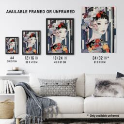 "Artery8 Modern Japanese Woman Portrait in Delicate Floral Framed Art Print in Grey - Size: W12"" x H16""" - thumbnail 3