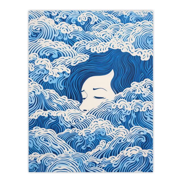 "Wee Blue Coo Wall Art Print Lost At Sea Waves Of Sleep Blue & White Surreal Painting Poster - Size: W24"" x H32""" - image 1