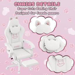 Gartistgo Gaming Chair with Cat Ears, Massage Lumbar Support & Footrest in White - thumbnail 7