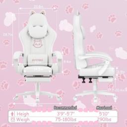 Gartistgo Gaming Chair with Cat Ears, Massage Lumbar Support & Footrest in White - thumbnail 2