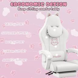 Gartistgo Gaming Chair with Cat Ears, Massage Lumbar Support & Footrest in White - thumbnail 5