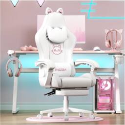 Gartistgo Gaming Chair with Cat Ears, Massage Lumbar Support & Footrest in White - thumbnail 1