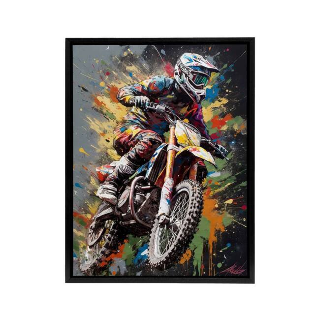"Artery8 Dirt Bike Sport Motocross Paint Splat Framed Canvas Wall Art Print - Size: W12"" x H16""" - image 1