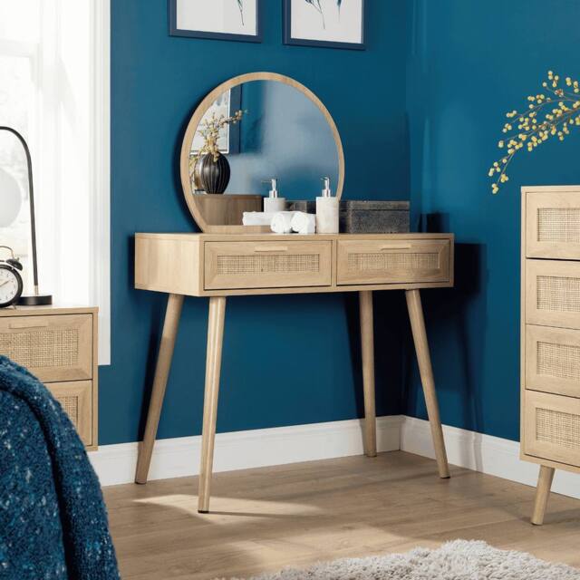 Home Source Dressing Table & Circular Mirror 2 Rattan Front Drawers Vanity Table in Natural - image 1