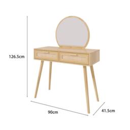 Home Source Dressing Table & Circular Mirror 2 Rattan Front Drawers Vanity Table in Natural - thumbnail 9