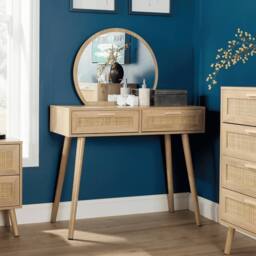 Home Source Dressing Table & Circular Mirror 2 Rattan Front Drawers Vanity Table in Natural - thumbnail 3