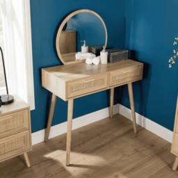 Home Source Dressing Table & Circular Mirror 2 Rattan Front Drawers Vanity Table in Natural - thumbnail 2